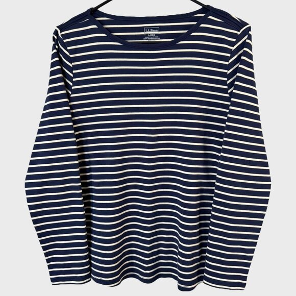 LL Bean Striped Pima Cotton Long-Sleeve Boatneck Top Blue & White Women's Large - Picture 1 of 10